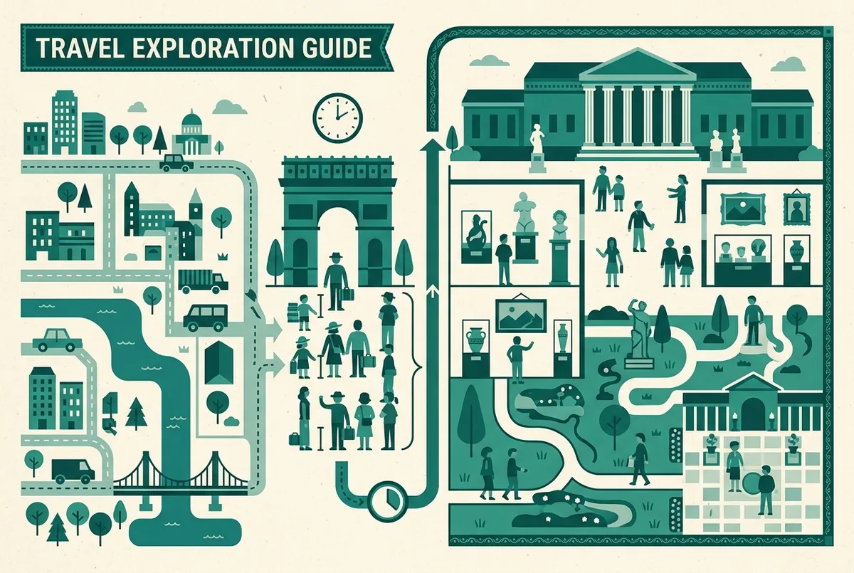 Carte simplifiée du trajet jusqu'à l'entrée pyramide du Louvre avec une horloge étiquetée Créneau réservé, icônes génériques de métro et de visiteur