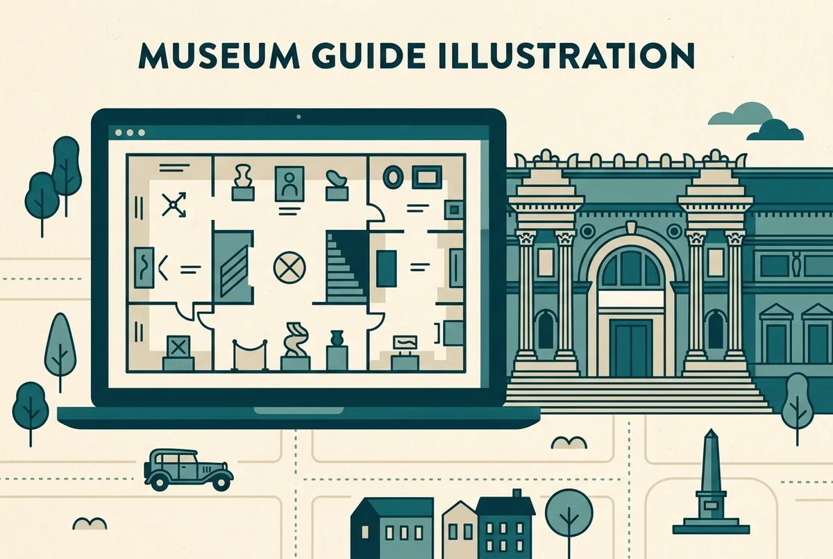 Louvre müzesi sanal tur ile gerçek ziyareti karşılaştıran sade bir infografik: ekran simgesi karşısında ayak izi simgesi, sadece genel etiketler, fiyat veya istatistik yok