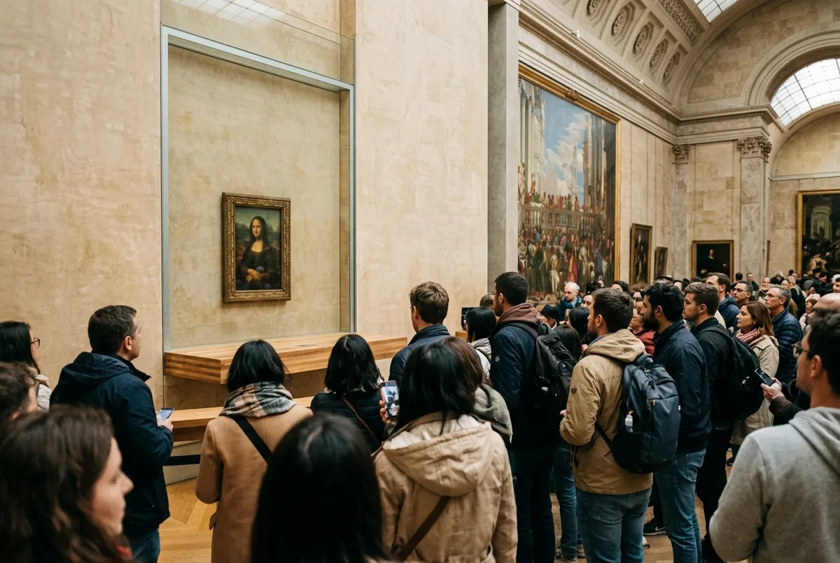 Foule de visiteurs munis d'un simple billet Louvre admirant la Joconde (Mona Lisa) derrière sa vitre de protection dans la Salle des États