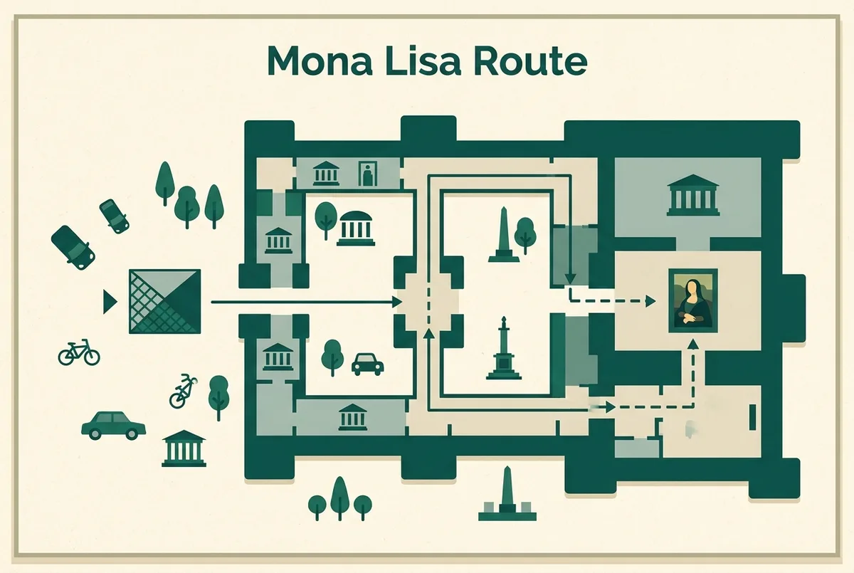 Infographie montrant le trajet le plus direct depuis l'entrée de la Pyramide jusqu'à la Salle des États où se trouve la Joconde