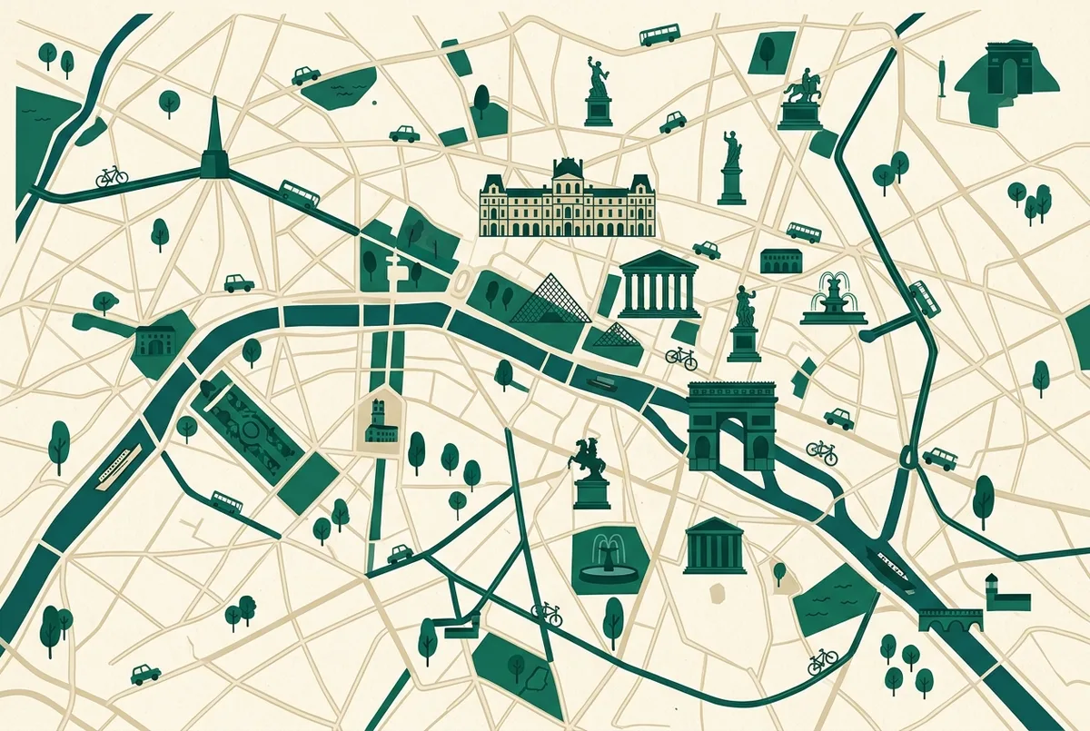Einfache Infografik mit zehn generischen Symbolen für Gemälde, Skulptur und Architektur als louvre top 10 Übersicht, flaches Icon Design in einem Raster angeordnet, keine Zahlen oder Preise sichtbar