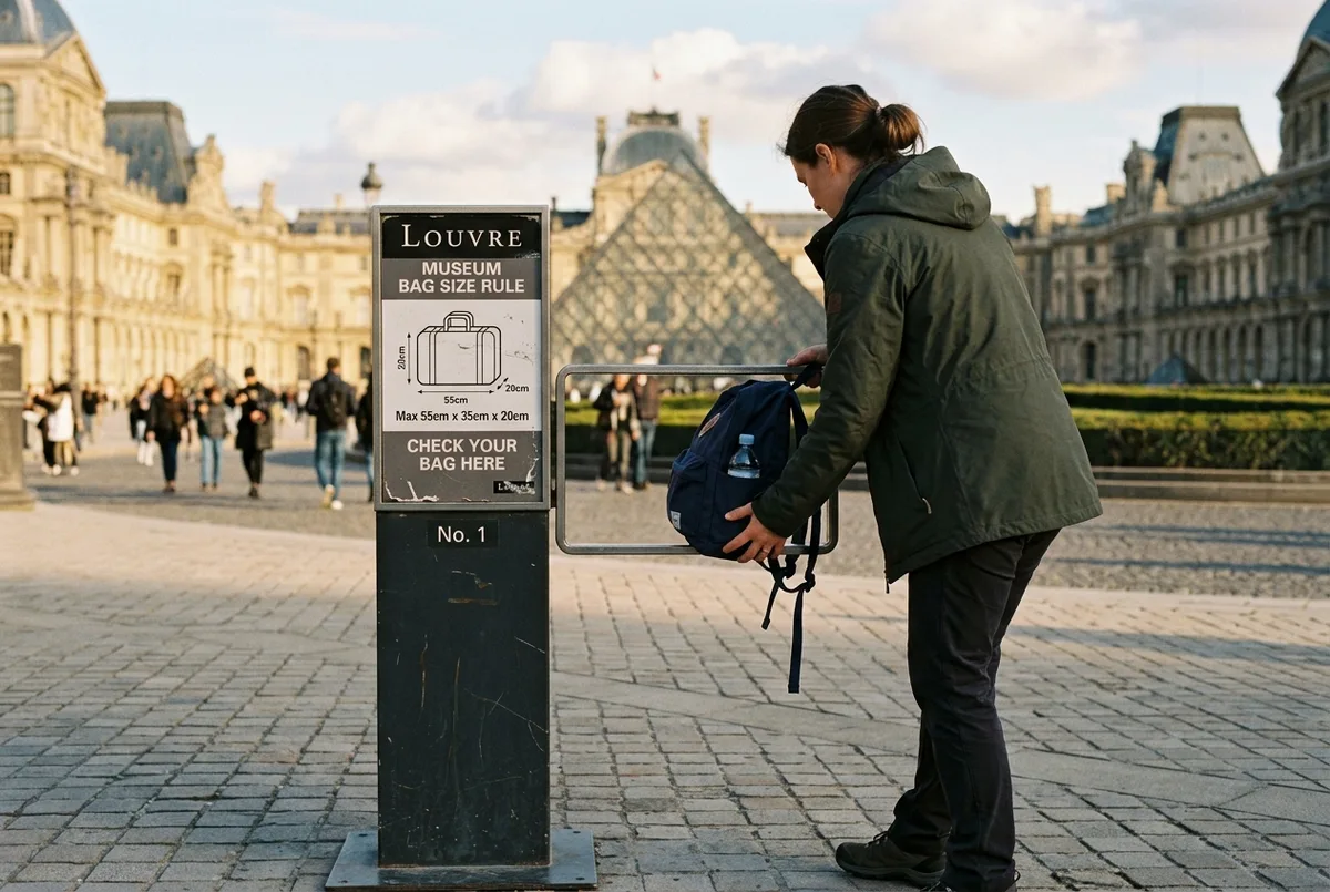 Visiteur consultant un plan du musée du Louvre sur son téléphone avant d'entrer par la pyramide de verre, matin clair