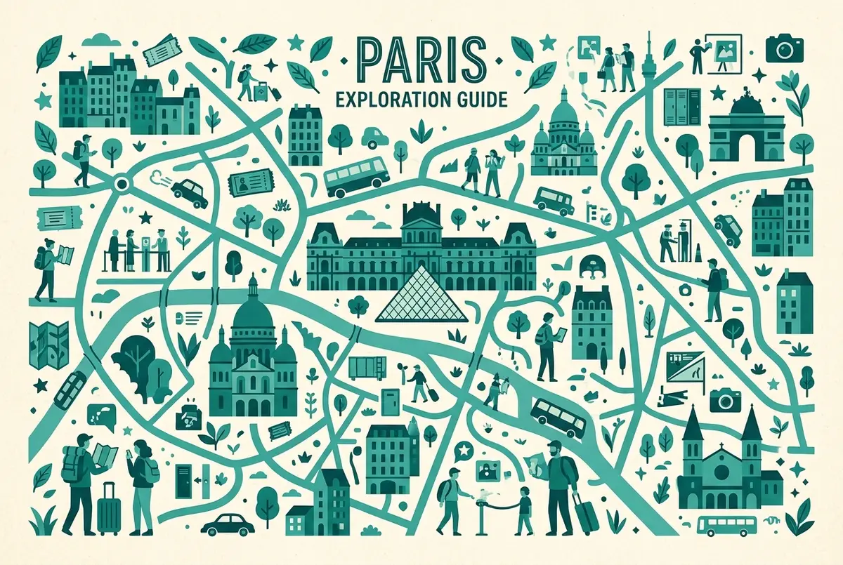 Infographie montrant le plan simplifié des trois ailes du musée du Louvre, Sully, Denon et Richelieu, avec des icônes génériques de services pratiques