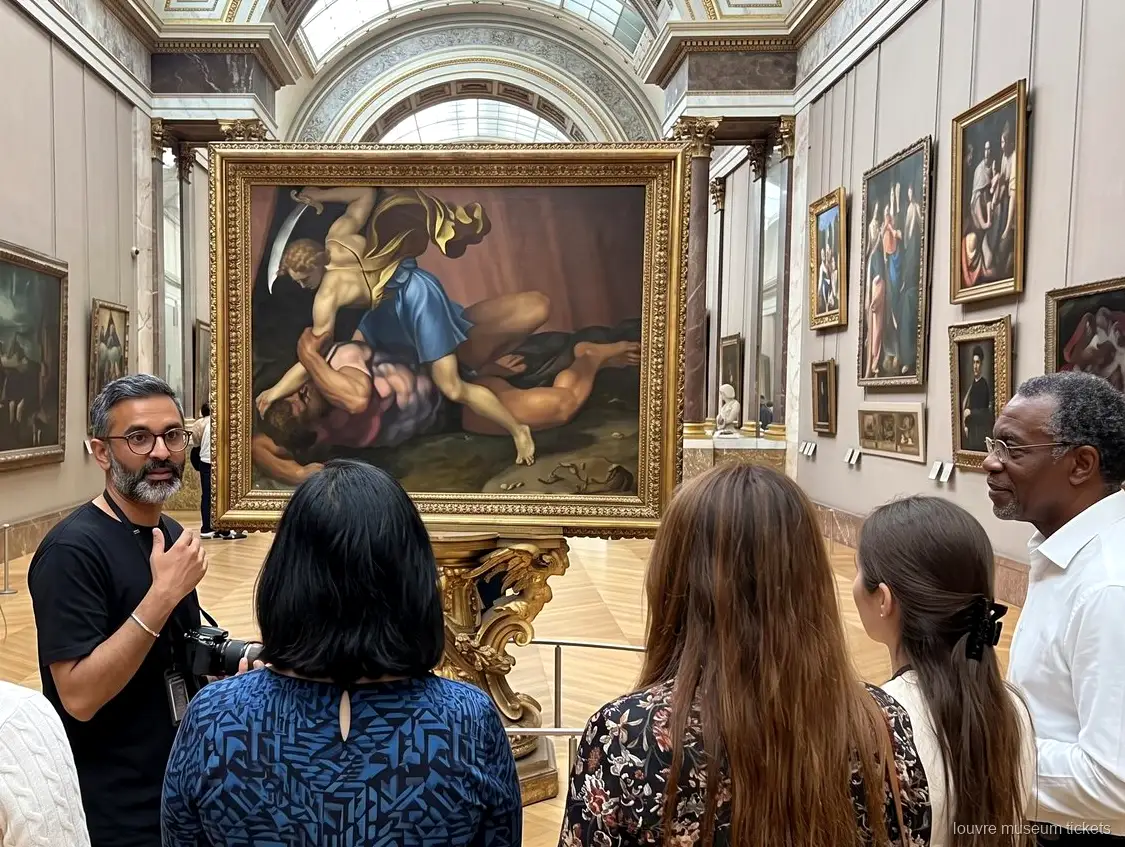 Piccolo gruppo in ascolto davanti a un grande dipinto con cornice dorata in una galleria, biglietti Museo del Louvre