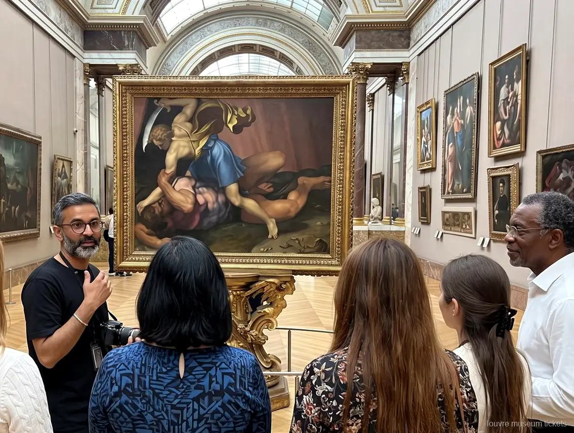 Petit grup escoltant davant un gran quadre amb marc daurat en una galeria, visita amb entrades del Museu del Louvre