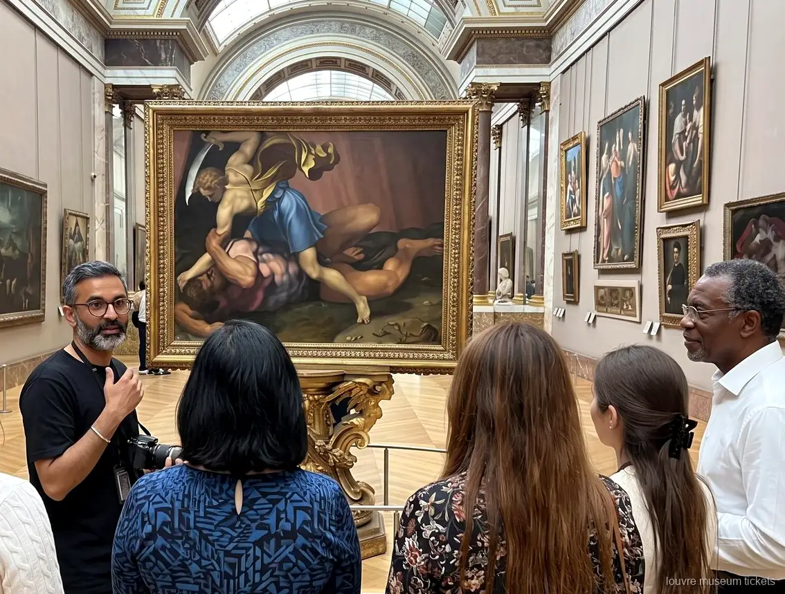 Grupo pequeño escuchando ante un gran cuadro con marco dorado en una galería, visita con entradas Museo del Louvre