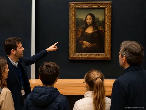 Guide pekar ut Mona Lisa för en familj med barn under en privat visning med biljetter till Louvren
