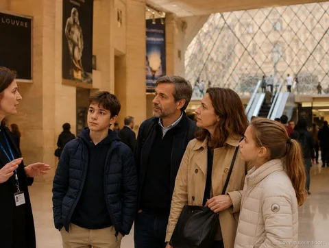 Guide spricht mit einer Familie mit zwei Teenagern unter der Glaspyramide, Start der Tour mit Louvre Tickets