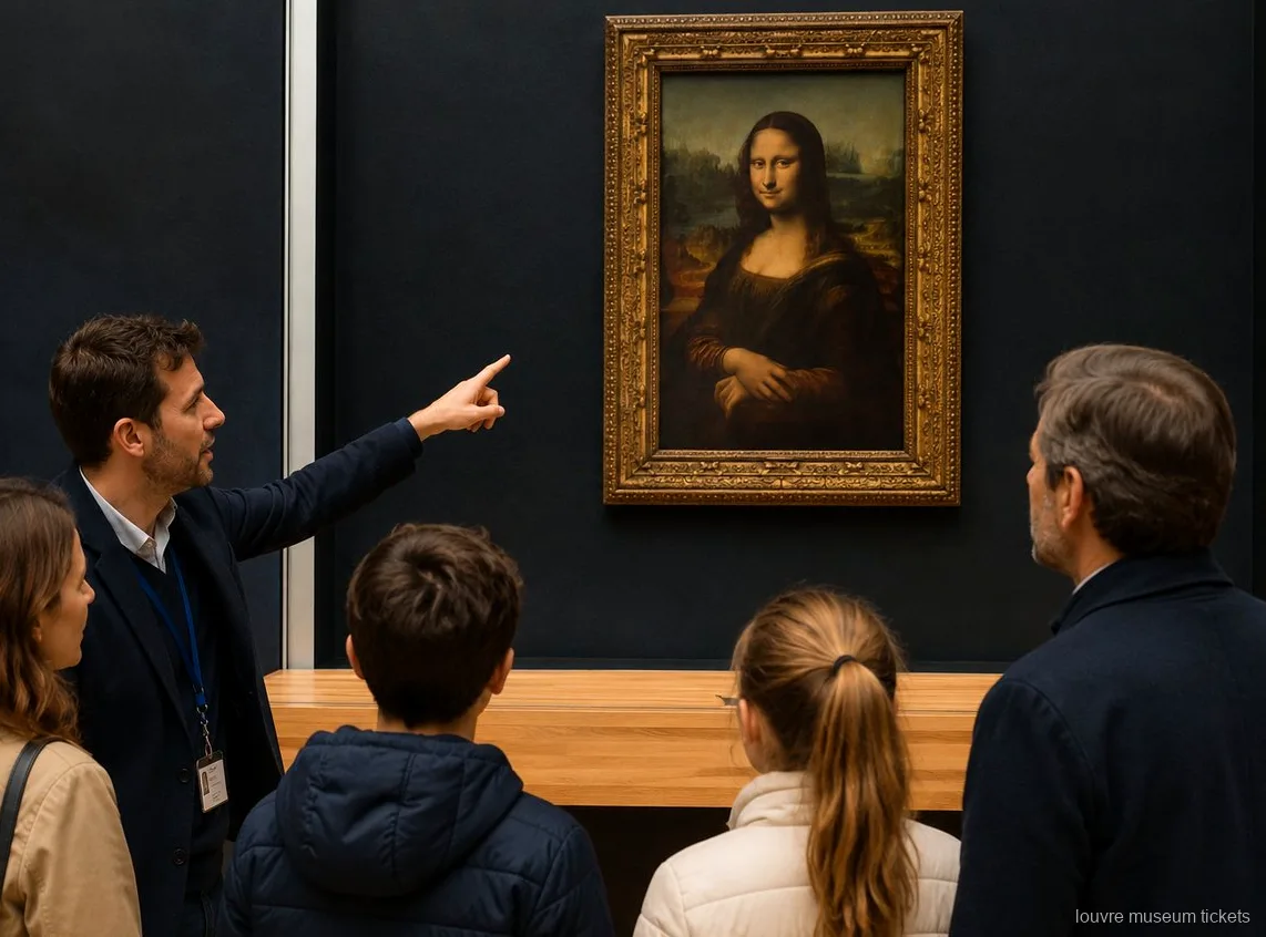 Guide peger på Mona Lisa for en familie med børn på en privat tur med Louvre billetter