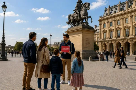 Family with children on a private guided tour of the Louvre Museum with reserved entry