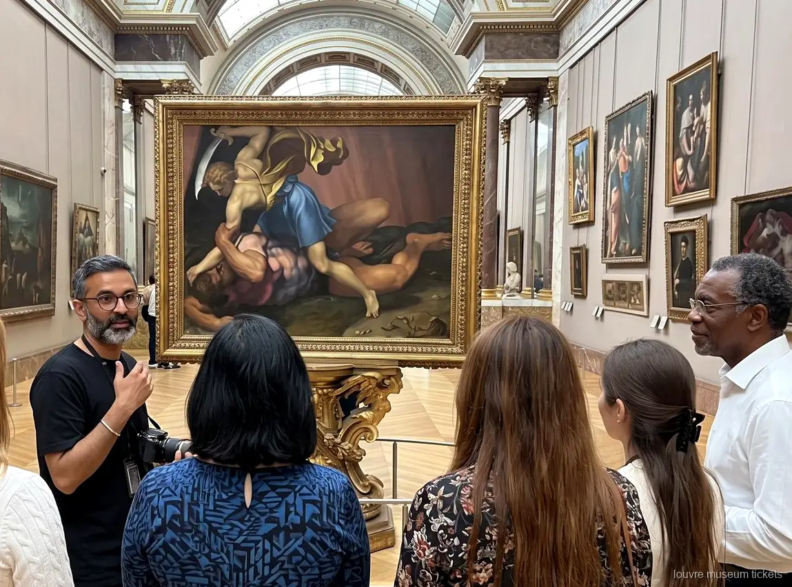 Kleine groep luistert voor een groot schilderij in vergulde lijst in een galerij, bezoek met Louvre museum tickets