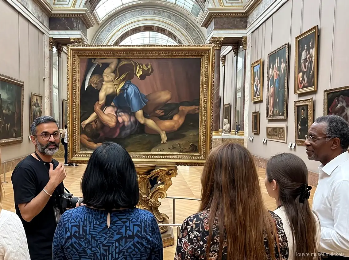 天窓のある展示室で金の額縁に入った大きな絵画の前で説明を聞く少人数のグループ、ルーブル美術館チケットでの見学