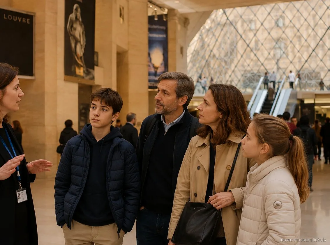 Guia a falar com pais e dois adolescentes sob a pirâmide de vidro, início da visita com bilhetes Museu do Louvre