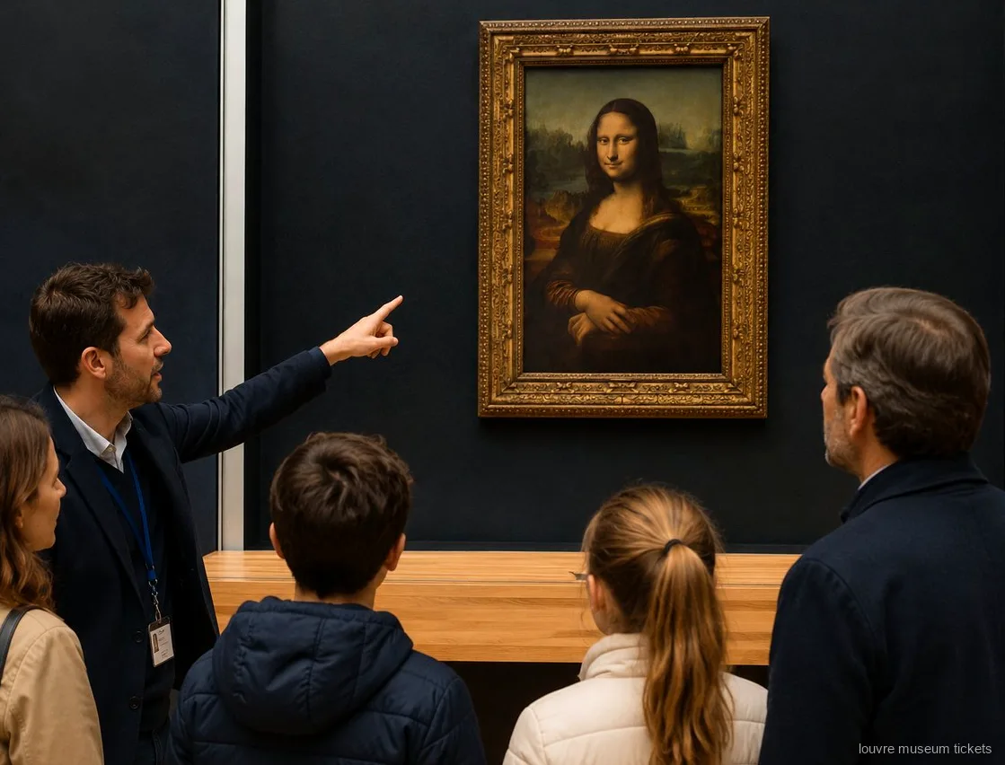 Guía señalando la Mona Lisa a una familia con niños en una visita privada con entradas Museo del Louvre