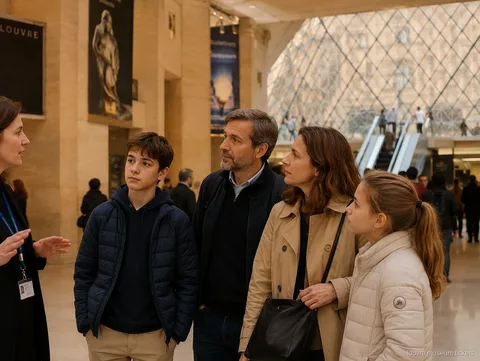 Guia parlant amb una família amb dos adolescents sota la piràmide de vidre, visita amb entrades del Museu del Louvre