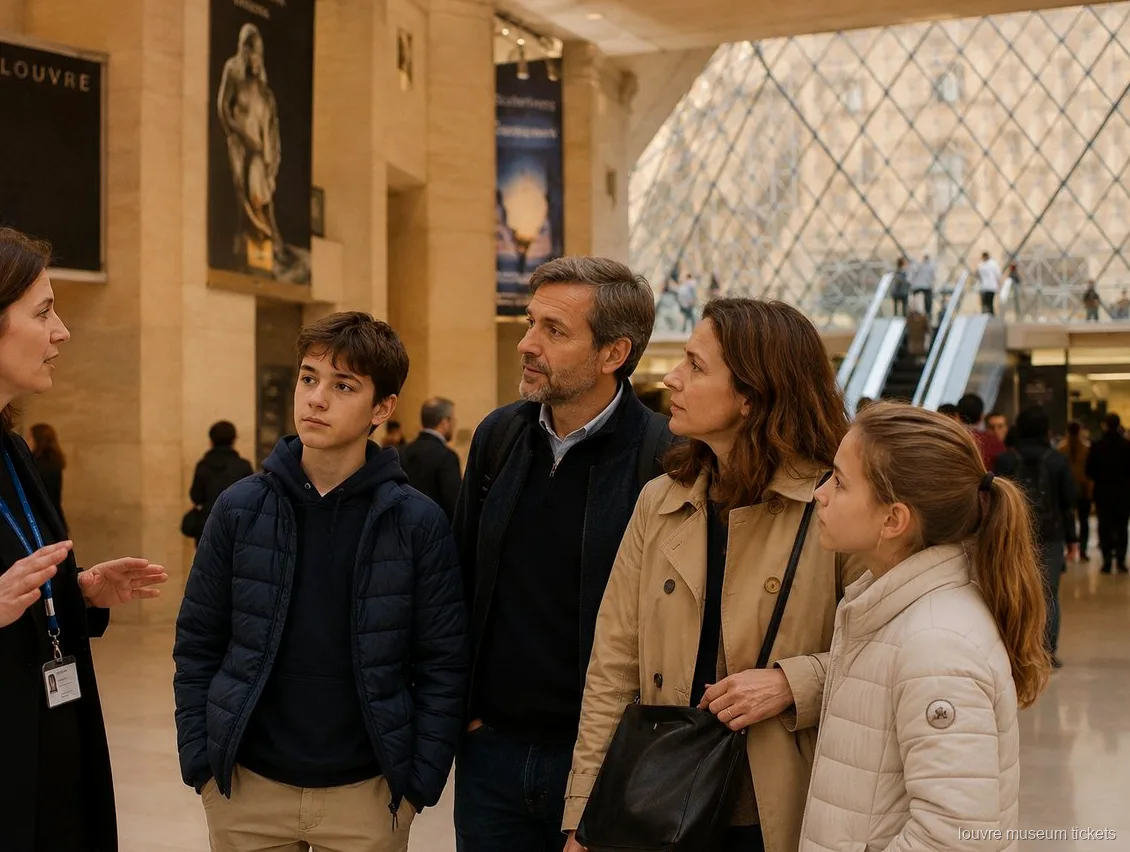 Guia parlant amb una família amb dos adolescents sota la piràmide de vidre, visita amb entrades del Museu del Louvre