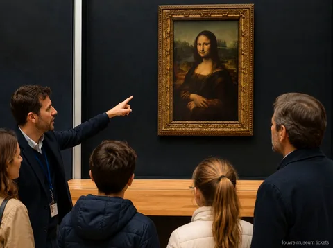 Guia assenyalant la Mona Lisa a una família amb nens durant una visita privada amb entrades del Museu del Louvre