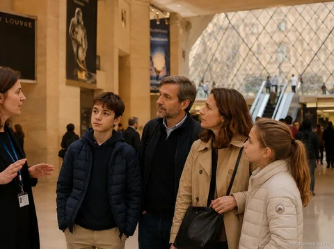Guide parlant à une famille avec deux adolescents sous la pyramide de verre, début de visite avec billets musée du Louvre